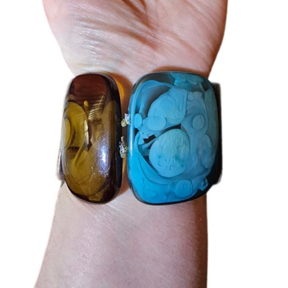 Vintage Lucite Blue Brown & Wood Stretch Bracelet 7-8" - Picture 7 of 7